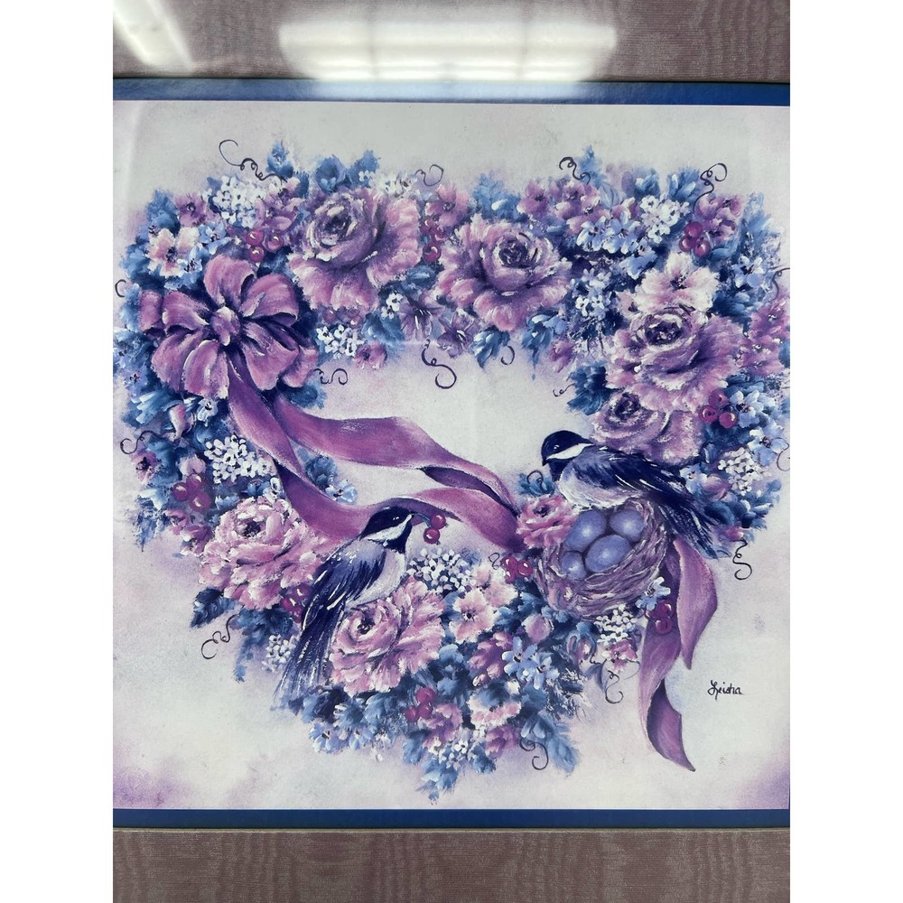 Home Interiors Leisha Floral Heart Wreath Bird Framed Picture 14" Wide x 14" L